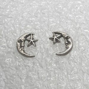 Vtg sterling silver Art Deco Style Moon & Star Mini Stud Earrings 8mm